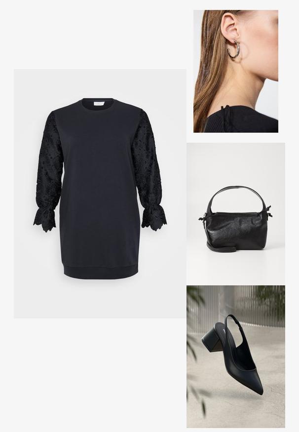Must mustrdress ümmarguse kaelusega, mis on varustatud pikkade mustade pitskäistega, millel on hambuline äär ja lillemotiiv. Pehme puuvillane segu.; Must musta slingback-kreen, millel on terav nina ja plokknina. Sile tekstuur, minimaalne disain ja reguleeritav pahkluu rihm.; Must mustrikujundusega must nahast käekott, ümarate pealmiste käepidemete ja eemaldatava õlalihaga. Omab siledat tekstuuri ja peent sära.; Hõbedane rõngas kõrvarõngas poleeritud viimistlusega, millel on väikesed kuldsed aktsendid ja ümmargune kuju, kantud lobus.