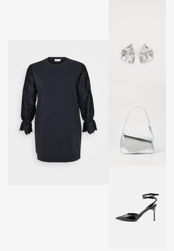 Sort sweatshirtskjorte med rund halsudskæring, der har lange sorte blonderærmer med bølgede kanter og blomster mønstre. Blødt bomuldsblandingsstof.; Sort laklæder spids tå stilet hæl med tynde ankremme og lille spænde.; Sølvmetallic håndtaske med en trekantet form, glat overflade og en tynd, justerbar skulderrem. Har et fold-over design med syninger.; Sølvmetal øreringe med et bølgende, skulpturelt design, der har en poleret overflade og uregelmæssige former, hvilket fremhæver en moderne æstetik.