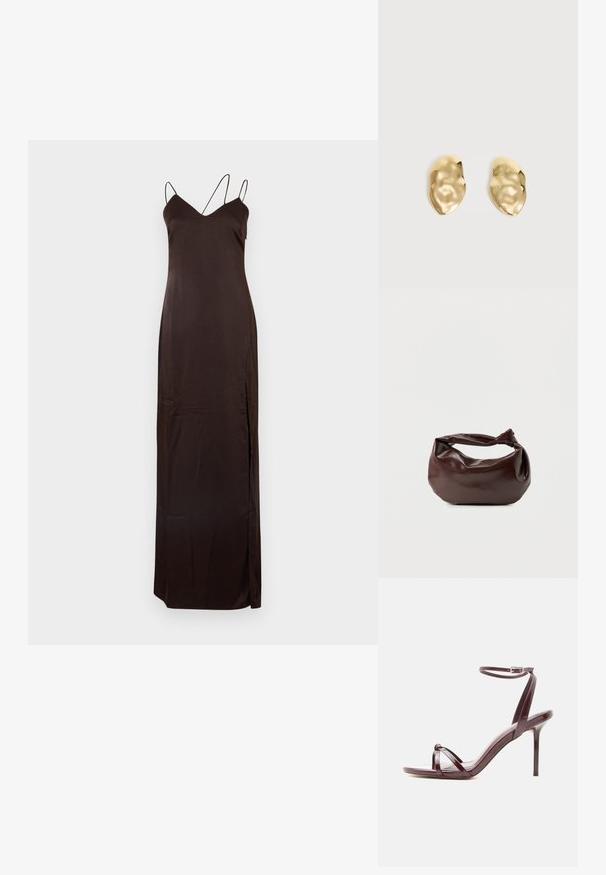 Robe longue marron en tissu lisse, avec un décolleté en V, des bretelles réglables fines et une fente sur le côté pour plus de mobilité.; Sandale à talon haut en cuir verni bordeaux avec fine bride à la cheville et brides croisées sur les orteils sur fond blanc.; Sac bandoulière en cuir marron foncé avec une forme souple et décontractée et une anse nouée torsadée sur un fond blanc uni.; Paire de boucles d'oreilles en métal doré brillant, de forme irrégulière, avec une surface froissée et lisse sur un fond clair uni.