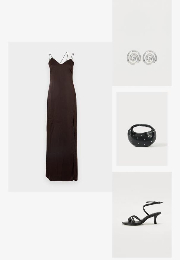 Robe longue marron en tissu lisse, avec un décolleté en V, des bretelles réglables fines et une fente sur le côté pour plus de mobilité.; Even&Odd Wide Fit Sandales - black; Sac à main en cuir noir de forme arrondie, décoré de clous argentés et équipé d'une poignée courte. Texture lisse et fermeture éclair.; Paire de boucles d'oreilles en forme d'anneau spirale en argent avec un design lisse et arrondi sur fond blanc uni.