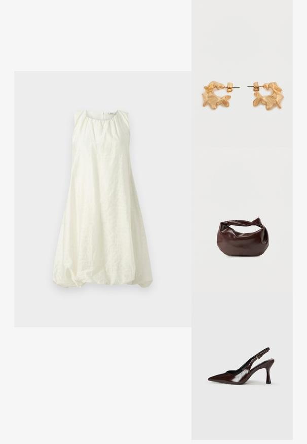 Witte mouwloze jurk met een geraffineerde halslijn en een los, ballonachtig model. Gemaakt van een textuurstof, valt hij boven de knie.; Bruine gepatineerde leren slingback pumps met een spitse neus, een dunne hak en een verstelbaar bandje met een kleine gesp.; Donkerbruine leren schoudertas met een zachte, slungelige vorm en een gedraaide knoopvormige handgreep op een effen witte achtergrond.; Oorbellen in goudkleur met een abstracte, organische vorm, voorzien van een gestructureerd oppervlak en een sluiting met oorstekers.