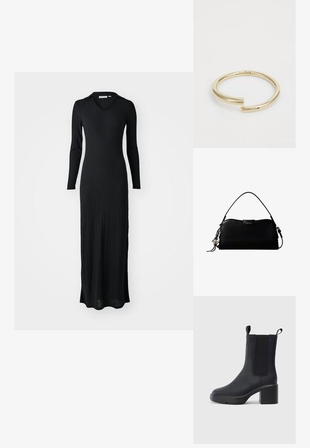 Schwarzes, geripptes Maxikleid mit langen Ärmeln, V-Ausschnitt und taillierter Silhouette, aus einem weichen, strukturierten Stoff gefertigt.; Schwarze Knöchelstiefel aus glattem Gummi-Material, mit elastischen Seitenpaneelen, Blockabsatz und Zugschlaufen oben für ein einfaches Anziehen.; Schwarze, rechteckige Calvin Klein Handtasche mit einem einzelnen Tragegriff oben, silbernem Logo-Anhänger und kleinem Klappverschluss auf der Vorderseite.; Calvin Klein SPIRAL - Armband - gold-coloured