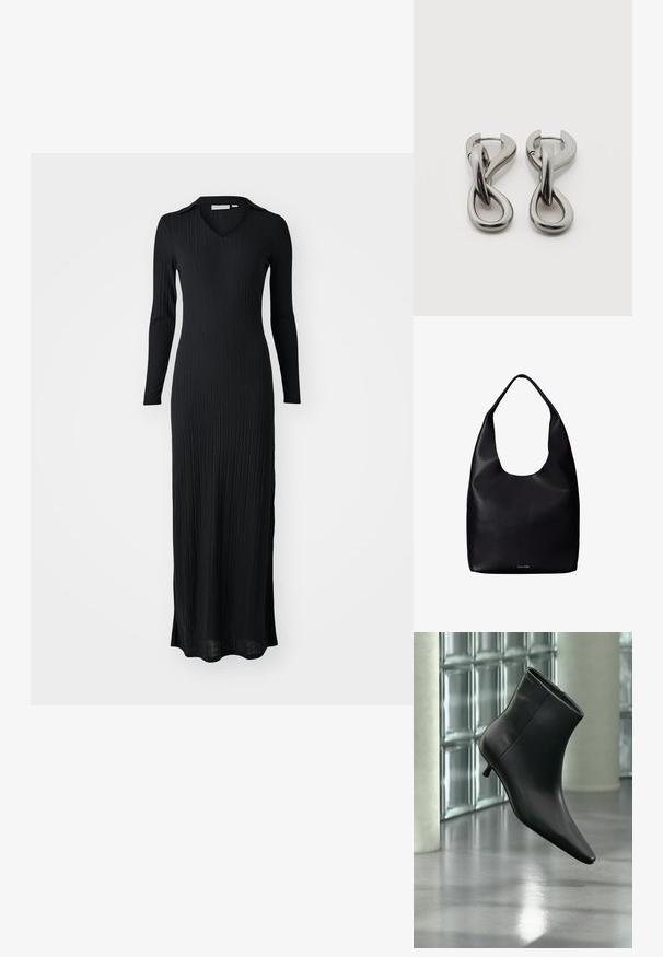 Musthave mustriba maxi kleit pikade varrukatega, v-kaelusega ning keha figureeriva lõikega, valmistatud pehmest, tekstureeritud kangast.; Mustast nahast pahkluu saabas terava varbaotsaga ja madala Kitsuki kontsaga, kuvatud nurga alt läikiva põranda ja klaasplokkseinaga taustal.; Must nahast käekott, millel on üks lai õlarihm ja kõigest nähtav Calvin Kleini logo koti alumises keskel.; Hõbedatoonides metallist kõrvarõngad abstraktse üksteisega põimunud aasade disainiga valgel taustal.
