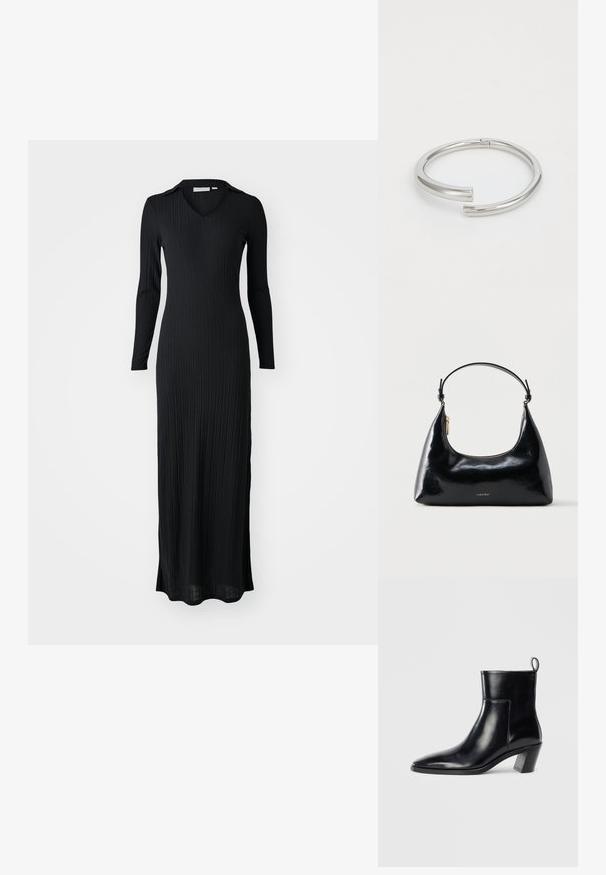 Schwarzes, geripptes Maxikleid mit langen Ärmeln, V-Ausschnitt und taillierter Silhouette, aus einem weichen, strukturierten Stoff gefertigt.; Schwarze Leder-Ankleboots mit spitzem Zeh, geometrischem Blockabsatz und einem Zugband hinten. Glatte Textur und elegantes Design.; Schwarze, glänzende Calvin Klein Handtasche mit goldfarbenem Reißverschluss und kurzem Trageriemen vor schlichtem weißem Hintergrund.; Calvin Klein SPIRAL - Armband - silver-coloured