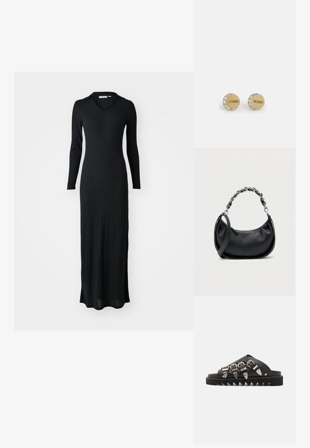 Musthave mustriba maxi kleit pikade varrukatega, v-kaelusega ning keha figureeriva lõikega, valmistatud pehmest, tekstureeritud kangast.; Mustardad musta liistuga sandaalid, millel on mitmed hõbedased klambrid, paks sakiline tald ja sile tekstuur. Lihtne disain avatud varbaga.; Mustast nahast käekott ümarate vormidega, kahetihvtilise käepidemega, millel on jämedate hõbedaste linkidega kett, ja pealttõmmatav lukuga sulgumine. Sile tekstuur.; Kullatud ringikujulised kõrvarõngad, millel on "GUESS" logo, ümbritsetud selgete rhinestone'idega, sujuva metallilise viimistlusega ja tekstureeritud äärtega.
