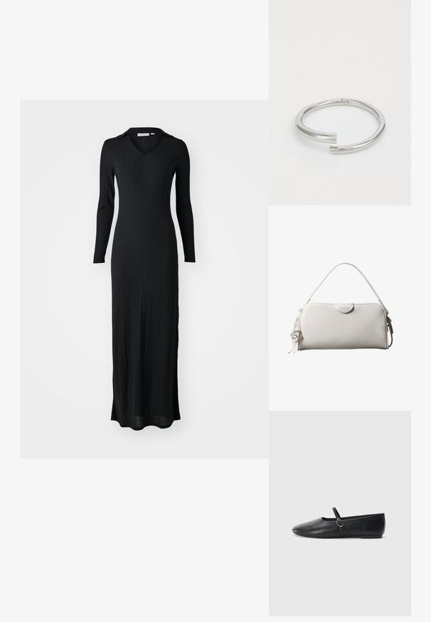 Musthave mustriba maxi kleit pikade varrukatega, v-kaelusega ning keha figureeriva lõikega, valmistatud pehmest, tekstureeritud kangast.; Mustadest nahast balletitaldud, millel on terav nina, lame tald ja väike rihm koos hõbedase detailiga.; Valge ristkülikukujuline Calvin Kleini käekott ühe käepidemega, minimalistliku disainiga ja dekoratiivsete tutikestega, mille küljes on geomeetrilise metallist ripats.; Calvin Klein SPIRAL - Käevõru - silver-coloured