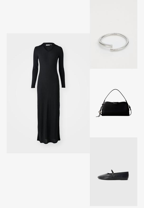 Musthave mustriba maxi kleit pikade varrukatega, v-kaelusega ning keha figureeriva lõikega, valmistatud pehmest, tekstureeritud kangast.; Mustadest nahast balletitaldud, millel on terav nina, lame tald ja väike rihm koos hõbedase detailiga.; Must ristkülikukujuline Calvin Kleini käekott, millel on üks ülemine rihm, hõbedane logo ripats ja ees väike klapiga sulgur.; Calvin Klein SPIRAL - Käevõru - silver-coloured
