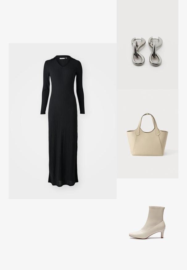 Musthave mustriba maxi kleit pikade varrukatega, v-kaelusega ning keha figureeriva lõikega, valmistatud pehmest, tekstureeritud kangast.; Valge pahklöök made of sile nahk, terava ninaga ja lühikese, kitseneva kanna ning minimalistliku disainiga ja saumatult pealpool.; Beežist nahast käekott tugevate käepidemetega ja väikese kuldse „BOSS" logoga, mis asub esipaneeli keskel, lihtsa tausta ees.; Hõbedatoonides metallist kõrvarõngad abstraktse üksteisega põimunud aasade disainiga valgel taustal.