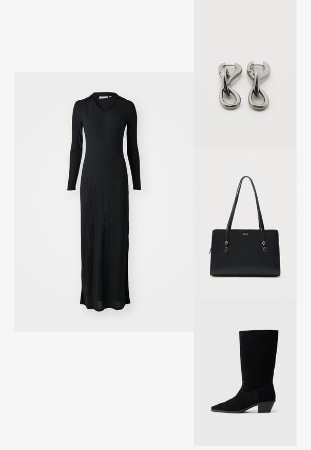 Musthave mustriba maxi kleit pikade varrukatega, v-kaelusega ning keha figureeriva lõikega, valmistatud pehmest, tekstureeritud kangast.; Mustad ehted mustast sametist, terava nina, keskmise kõrgusega sääremise ja massiivse kontsaga. Omab minimaalset õmblust ja sujuvat tekstuuri.; Mustast nahast kandekott kahe pika sangaga, kuldse tooniga riistvarade aktsentidega ja esiküljel reljeefne logo. Pehme tekstuur ja ristkülikukujuline kuju.; Hõbedatoonides metallist kõrvarõngad abstraktse üksteisega põimunud aasade disainiga valgel taustal.
