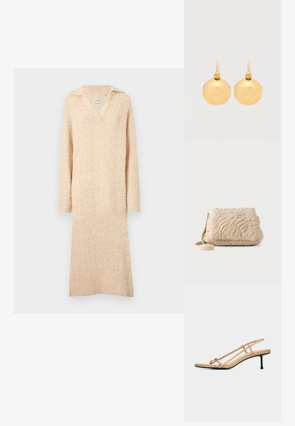 Strikket beige kjole med V-hals og krave, lange ærmer og ribbede manchetter. Blød tekstur med et let struktureret mønster gennemgående.; Beige sandal med stropper, tynd tåsløjfe, to sidelommer, slingback-strop, polstret fodseng og slank sort mellemhøj hæl.; Beige quiltet skuldertaske med uregelmæssige syningsmønstre og en aftagelig rem, vist på en lys baggrund.; Par af skinnende gyldne julekugleøreringe med krog-lukninger på en ensfarvet hvid baggrund.