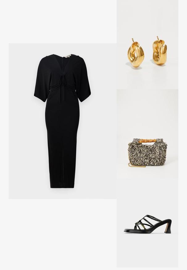 Robe noire avec des manches kimono courtes, détail à nouer à la taille et fermeture éclair dans le dos. Design ajusté avec une longueur de jupe au genou. Texture lisse.; Sandale à talon noire à bout ouvert avec fines brides croisées vert-noir et un talon bloc évasé sur fond blanc.; Sac tissé avec un motif texturé noir et crème, une poignée en bambou et une bandoulière en chaîne dorée amovible. Forme rectangulaire compacte.; Boucles d'oreilles créoles en or massif avec un design tubulaire légèrement tordu et des fermoirs à tige sur un fond blanc.