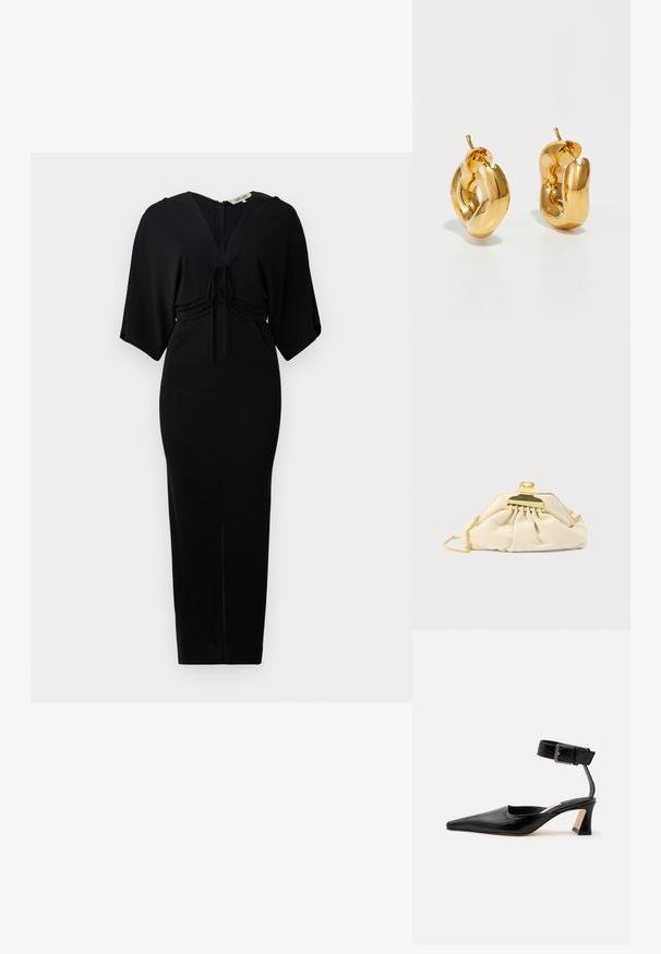 Schwarzes Kleid mit kurzen Kimono-Ärmeln, Bindeband in der Taille und einem Reißverschluss auf der Rückseite. Figurbetontes Design mit einem knielangen Saum. Glatte Textur.; Schwarzer, spitzer Schuh mit niedrigem Absatz, Knöchelriemen und Schnalle, strukturierte Lederoptik, von der Innenseite vor neutralem Hintergrund gezeigt.; Cremefarbene Clutch aus weichem Material mit einem goldfarbenen Verschluss und einer Kettenriemen, mit gerafftem Design am Körper.; Fette goldene Creolen mit einem leicht verdrehten, röhrenförmigen Design und Steckverschlüssen auf einem weißen Hintergrund.