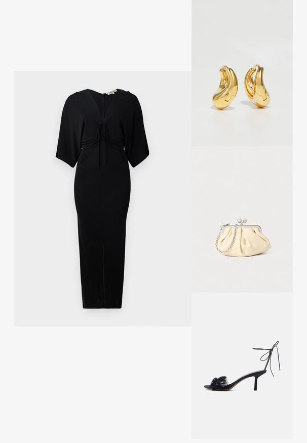 Robe noire avec des manches kimono courtes, détail à nouer à la taille et fermeture éclair dans le dos. Design ajusté avec une longueur de jupe au genou. Texture lisse.; Sandale noire à talon haut, ouverte à l'avant, avec bride à nouer autour de la cheville et détails en dentelle sur la bande avant, sur un fond clair uni.; Pochette en cuir beige plissé avec un cadre en métal argenté, dotée de deux fermoirs ronds décoratifs et d'une chaîne en argent.; Boucles d'oreilles en or en forme de d'anneaux lisses et courbés avec une finition polie. Équipées d'un mécanisme de fermeture et de légères indentations pour le détail.