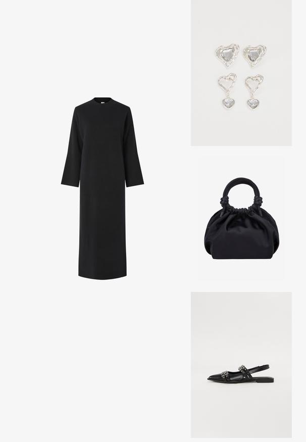 Schwarzes Langarmkleid mit hohem Kragen, aus einem glatten, strukturierten Stoff gefertigt. Hat einen geraden Schnitt und fällt unter das Knie.; Even&Odd by Zalando Sling-Ballerina - black; Schwarze weiche Stoffhandtasche mit gerafftem oberen Rand und runden, gepolsterten Griffen, die auf jeder Seite mit Knoten gebunden sind.; Silberne herzförmige Ohrringe mit facettierten klaren Steinen und einem strukturierten Rahmen. Das Set umfasst Stecker- und Anhänger-Stile.