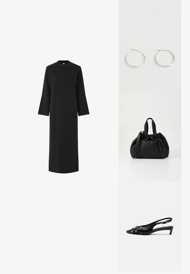 Sort langærmet kjole med høj halsudskæring, lavet af et glat, tekstureret stof. Har en lige pasform og falder under knæene.; Sort læder slingback sko med spids tå, tre sølvspænder på forsiden og lav lille hæl på hvid baggrund.; Sort læderhåndtaske med en samlet topdesign, der har to korte håndtag og en lang justerbar rem. Glat overflade, rund form.; Sølvfarvede metaloorringe med glat, let buet overflade og låsemekanisme på en ensfarvet hvid baggrund.