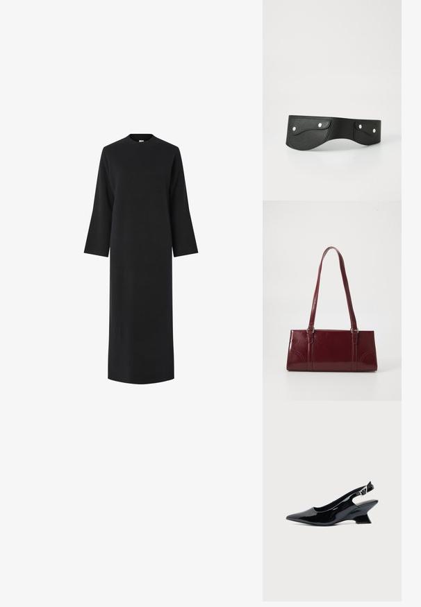 Robe noire à manches longues avec un col haut, confectionnée dans un tissu lisse et texturé. Elle a une coupe droite et tombe sous les genoux.; Chaussure slingback en cuir verni noir avec bout pointu et petit talon bloc incliné sur fond clair uni.; Sac à main bordeaux en matériau brillant, de forme rectangulaire, avec deux anses et des accents légèrement courbés à l'avant.; Ceinture en cuir noir avec deux poches arrondies, fermées par des boutons-pression en argent. Texture lisse, design légèrement courbé.
