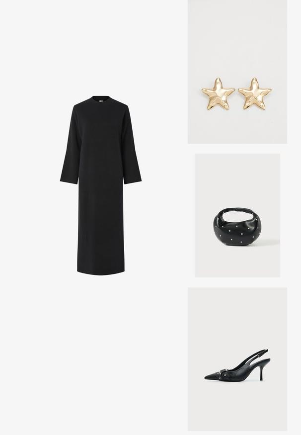Schwarzes Langarmkleid mit hohem Kragen, aus einem glatten, strukturierten Stoff gefertigt. Hat einen geraden Schnitt und fällt unter das Knie.; Schwarzer Leder Slingback-Pumps mit spitzer Vorderkappe und einem Schnallen- und Ösenriemen vorne.; Schwarze Lederhandtasche mit abgerundeter Form, verziert mit silbernen Nietenakzenten und kurzem Griff. Glatte Struktur und Reißverschlussverschluss.; Goldene, sternförmige Ohrringe mit einer glatten, glänzenden Oberfläche und einem dreidimensionalen Design, das fünf Spitzen und eine leicht gewellte Struktur aufweist.