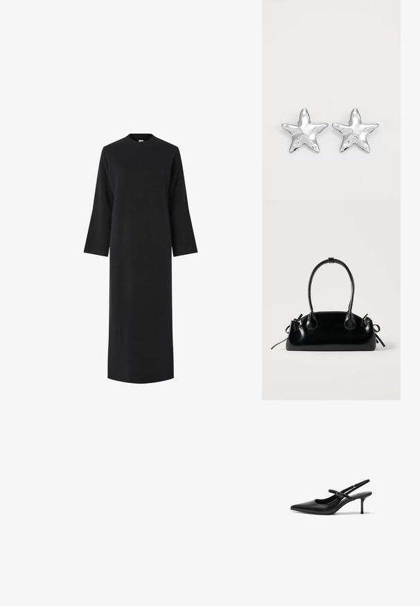 Robe noire à manches longues avec un col haut, confectionnée dans un tissu lisse et texturé. Elle a une coupe droite et tombe sous les genoux.; Talons aiguilles noires en cuir avec un bout pointu, une fine bride réglable, et un talon aiguille d'environ 5 cm, texture lisse.; Petit sac à main noir brillant avec deux longues anses et des détails à cordon sur les côtés sur un fond clair uni.; Boucles d'oreilles argentées en forme d'étoile, avec une surface lisse et brillante. Chaque boucle d'oreille possède cinq pointes et des détails subtils de texture de surface.