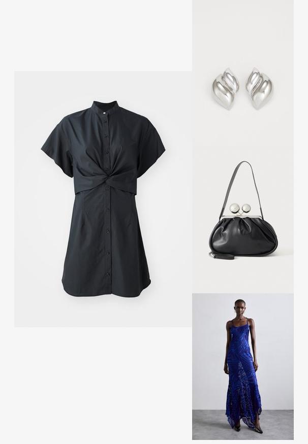 Sort kjole med korte ærmer og krave, har en front twist detalje og knaplukning, lavet af en glat, letvægts stof.; Blå og lilla dyreprint maxi kjole med tynde stropper, en tætsiddende bodice, flagrende kant og gennemsigtig overlay-detaljering.; Sort læderhåndtaske med opsamlet design, en enkelt rem, sølv metalramme og to store runde sølv lukninger.; Sølvøreringe med en organisk, abstrakt form. Glat, skinnende overflade med et tilspidset design. Har subtile kurver og en centrallinje detalje.