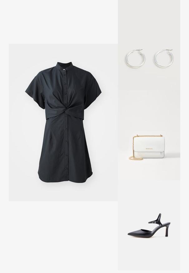 Robe noire à manches courtes avec col, présentant un détail torsadé à l'avant et une fermeture à boutons, fabriquée dans un tissu léger et lisse.; Escarpin noir à bout pointu avec fine bride à la cheville et boucle argentée, finition en cuir lisse, chaussure élégante pour femme.; MICHAEL Michael Kors CLAIRE SM XBODY - Sac bandoulière - optic white; Paire de boucles d'oreilles créoles moyennes argentées brillantes avec de fines attaches métalliques sur un fond clair et neutre.