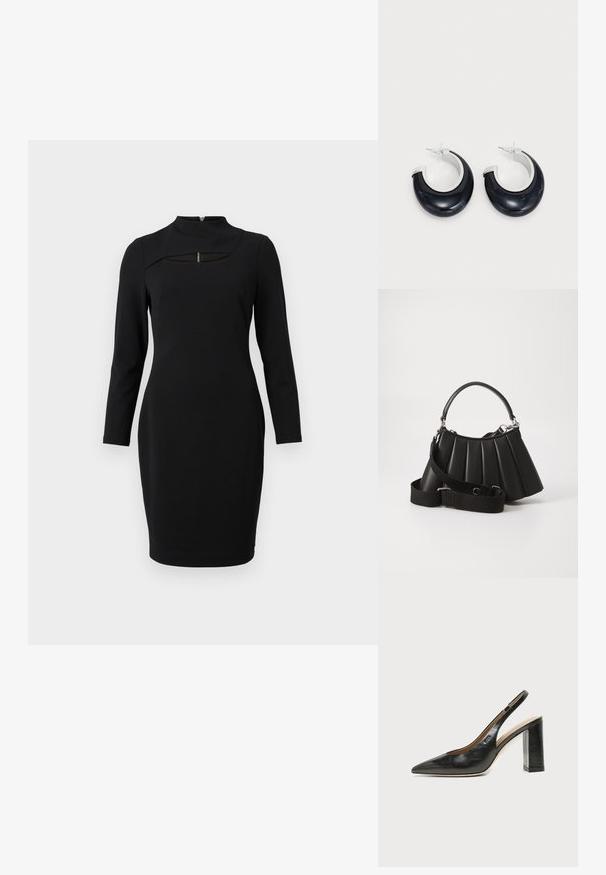 Schwarzes Langarmkleid mit hohem Kragen, das unter dem Kragen mit einem Schlüssel-ausschnitt versehen ist und aus einem glatten, dehnbaren Stoff gefertigt ist.; Schwarzer Leder-Slingback-Schuh mit spitzer Kappe, hohem Blockabsatz und beigegefüttertem Innenraum vor hellem, einfarbigem Hintergrund.; Schwarze, gefaltete Handtasche mit einem runden Griff, verstellbarem Schulterriemen und glänzender Textur. Verfügt über silberne Hardware und eine strukturierte Silhouette.; Schwarze Harz-Hoops mit glänzender Oberfläche und silberfarbenen Hardware-Details. Zirkulare Form mit Ausschnitt und Post-Back-Verschluss.
