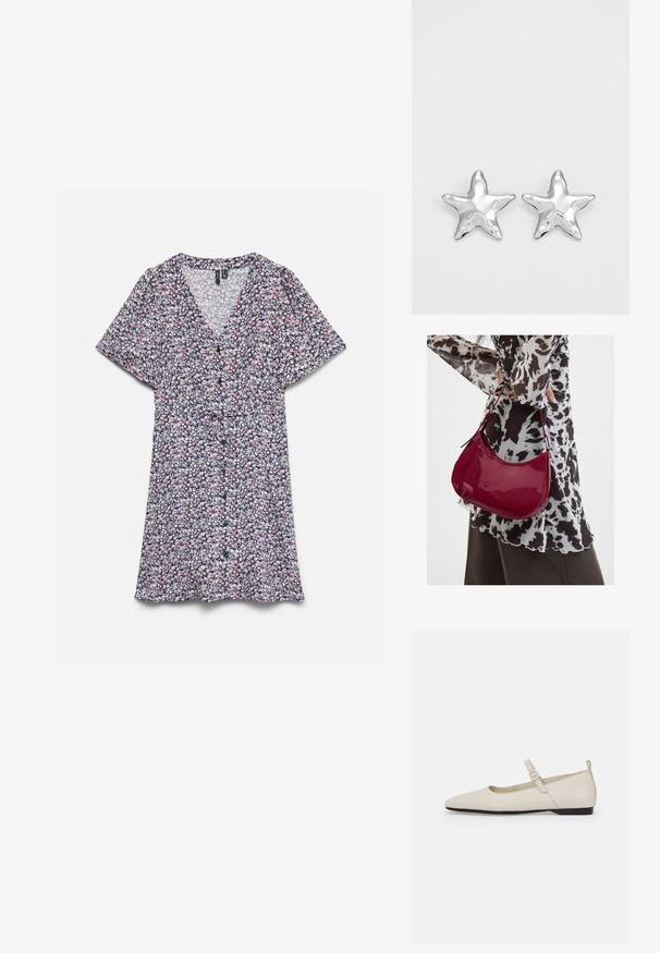 Robe à manches courtes en V avec un petit motif floral rose, blanc et noir et un détail ceinture à la taille sur fond blanc.; Ballerines en cuir blanc avec bout pointu, bride à la cheville et petit talon noir. Texture lisse avec des accents minimaux.; Femme portant un chemisier à motif noir et blanc tenant un sac à main rouge brillant sur un fond uni.; Boucles d'oreilles argentées en forme d'étoile, avec une surface lisse et brillante. Chaque boucle d'oreille possède cinq pointes et des détails subtils de texture de surface.