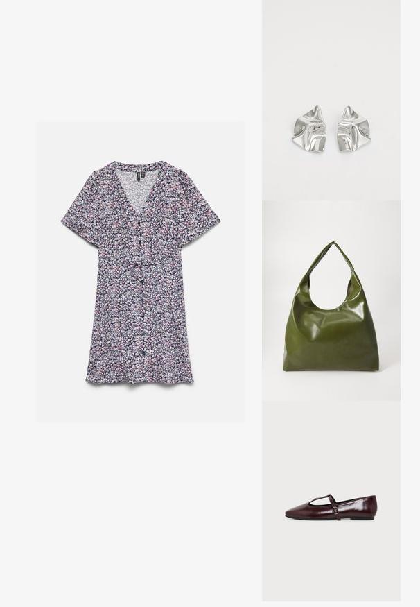 Robe à manches courtes en V avec un petit motif floral rose, blanc et noir et un détail ceinture à la taille sur fond blanc.; Chaussure plate en cuir bordeaux foncé avec un bout pointu et une fine bride en T avec une boucle argentée sur fond blanc.; Sac hobo en cuir vert au design décontracté, avec une poignée incurvée et une texture lisse. Ne contient aucun matériel ou accent visible.; Boucles d'oreilles en métal argenté avec un design ondulé et sculptural, présentant une finition polie et des formes irrégulières, mettant en valeur une esthétique contemporaine.
