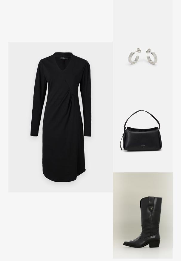 Musthave must olema musthave pitsitaguse ja ebaühtlase drapeeringuga must kleit pika varrukaga, V-kaelusega. Valmistatud pehmest kangast, sellel on ümar äär ja diskreetne Õmblusdetail.; Kõrge mustast nahast kauboisaap, millel on terav nina, jäme konts ja väike kuldne logo tõmbenupul.; Must kaasnahast käekott, millel on kõver kuju, üks rihm ja ülemine tõmblukk. Ees on peen logo brändingu jaoks.; Hõbedased metallist rõngakõrvarõngad tekstureeritud kujundusega, millel on väike kinnituskate ja bränding ühel rõngal. Ümar kuju ja poleeritud viimistlus.