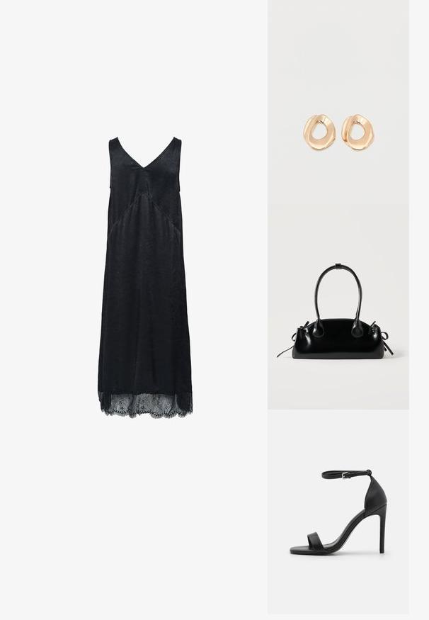 Μαύρο χωρίς μανίκια φόρεμα με V-ν neckline, textured ύφασμα και δαντελένια λεπτομέρεια στο τελείωμα. Διαθέτει διαγώνια ραφή λεπτομέρεια.; Μαύρη ψηλοτάκουνη σανδάλι με κομψό σχέδιο, διαθέτει λουρί στον αστράγαλο, ανοιχτή μύτη και λείο δερμάτινο υλικό.; Μικρή μαύρη γυαλιστερή τσάντα με δύο μακριές λαβές και λεπτομέρειες με ρυθμιζόμενο κορδόνι στο πλάι σε απλό ανοιχτό φόντο.; Ζευγάρι σκουλαρικιών κρίκος από μέταλλο σε χρυσή απόχρωση με γυαλιστερό φινίρισμα και ακανόνιστο σχήμα, με ανοιχτό κέντρο, σε λευκό απλό φόντο.
