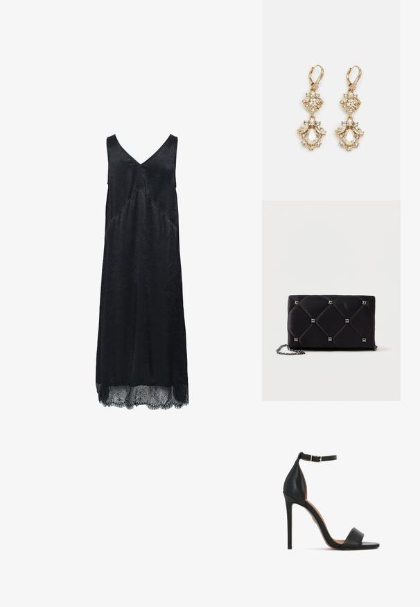 Μαύρο χωρίς μανίκια φόρεμα με V-ν neckline, textured ύφασμα και δαντελένια λεπτομέρεια στο τελείωμα. Διαθέτει διαγώνια ραφή λεπτομέρεια.; Μαύρο δερμάτινο πέδιλο με ψηλό τακούνι, λεπτό λουράκι στον αστράγαλο, ανοιχτή σχεδίαση στα δάχτυλα και κομψό τακούνι στιλέτο. Λείο υλικό με ελάχιστα διακοσμητικά στοιχεία.; Μαύρη σατέν τσαντάκι με κουμπώματα σε σχήμα πυραμίδας, αλυσίδα στους ιμάντες, ορθογώνιο σχήμα και λεία υφή. Διαστάσεις 10 εκ. x 18 εκ. x 4 εκ.; Κρεμαστά σκουλαρίκια σε χρυσό τόνο με σχέδιο σμήνους, που διαθέτουν στρογγυρους και σταγόνες από διάφανα κρύσταλλα, επιδεικνύοντας περίπλοκες λεπτομέρειες.
