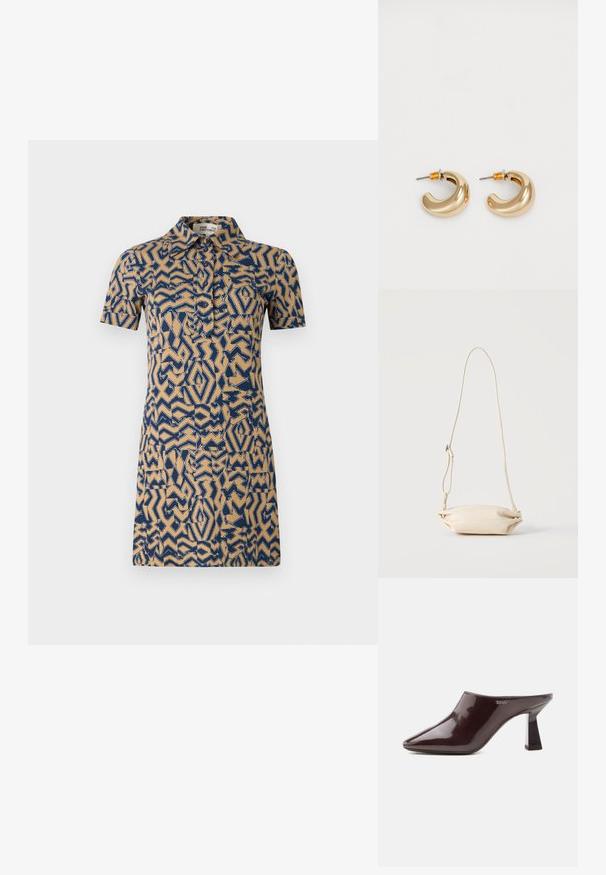 Beige Kurzarmkleid mit blauem geometrischen Muster. Mit Kragen und durchgehender Knopfleiste.; Glänzender dunkelbrauner spitzer Mule mit Blockabsatz und DKNY-Logo an der Seite, auf weißem Hintergrund dargestellt.; Kleine beige Leder-Umhängetasche mit verstellbarem Riemen, vor einem einfarbigen hellen Hintergrund präsentiert.; Zwei glänzende goldene Creolen in einem geschwungenen Design mit orangefarbenen Akzenten nahe dem Stecker, vor einem schlichten weißen Hintergrund.