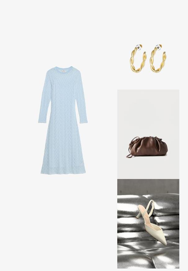 Robe longue à manches longues bleu clair en tissu tricoté texturé, avec un col rond. Présente une silhouette fluide et un motif subtil.; Chaussure à talon haut blanche à bout pointu et bride arrière reposant sur une surface capitonnée argent métallique brillante.; Sacoche en cuir marron doux avec un haut froncé et une fine bandoulière, posée sur un fond blanc.; Boucles d'oreilles créoles dorées torsadées avec une surface lisse, présentant un dos transparent et une quincaillerie dorée.