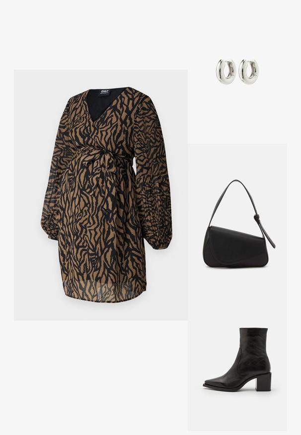 ONLY MATERNITY OLMSTAR - Hverdagskjole - dark brown; Sort læder ankelstøvle med firkantet tå og blokhæl. Designet har en glat overflade og minimale syninger.; Sort læderhåndtaske med en triangular form, skrå klap og et rundt håndtag. Har en glat overflade og minimalistiske design detaljer.; Sølvøreringe med en glat, afrundet design og en blank finish. Har en enkel hængselåbning for nem påføring.