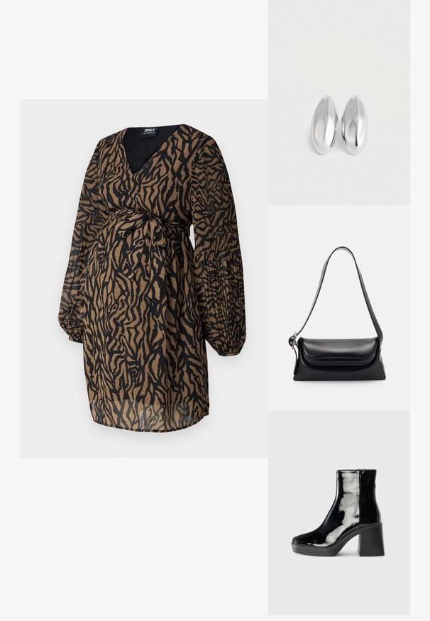 ONLY MATERNITY OLMSTAR DRESS - Hverdagskjole - dark brown; Sorte laklæder ankelstøvler med høj blokhælt, rund tå og en glat, blank finish. Har lodrette sømdetaljer.; Sort læderhåndvask med en struktureret form, en glat overflade og en enkelt skulderrem. Har et subtilt, rundet klapdesign.; Et par glatte, skinnende sølvfarvede ovalformede genstande placeret side om side på en helt hvid baggrund.