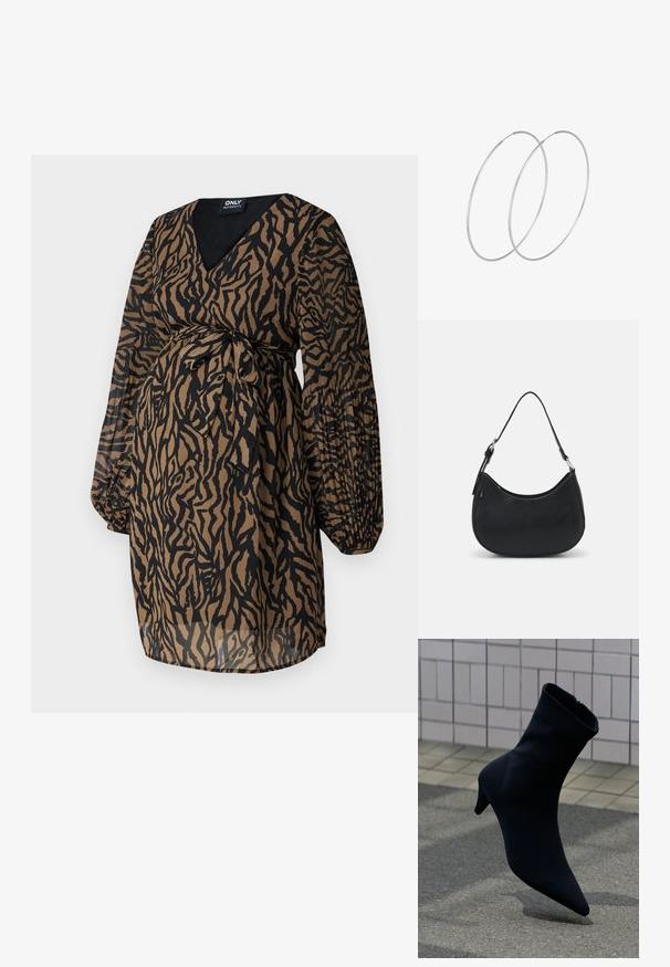 ONLY MATERNITY OLMSTAR - Hverdagskjole - dark brown; Sort ankelstøvle med spids tå, elegant design, blødt materiale og en diskret hæl. Har lynlås bagpå.; Sort hobo taske lavet af glat læder med en buet silhuet, der har en enkelt justerbar skulderrem og minimalistiske designdetaljer.; Sølvøreringe med et minimalistisk design. Cirkulær form, glat tekstur og tynd profil. Letvægtige med en poleret overflade.