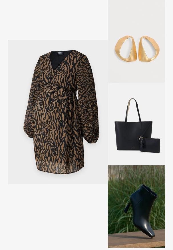 ONLY MATERNITY OLMSTAR - Hverdagskjole - dark brown; Sort læder ankelstøvle med spids tå og stilettohæl; glat, blank overflade; har en sidelukning med lynlås. Baggrunden antyder grønne områder.; Sort tote taske med struktureret materiale, to lange håndtag og en aftagelig lynlåspose med en frynse-detalje. Guld mærkelogo synligt.; Par af uregelmæssige, asymmetriske gyldne hoop-øreringe med en glat, mat finish på en neutral baggrund.