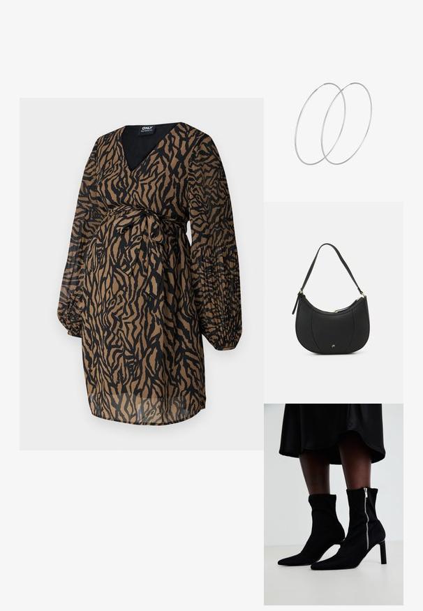 ONLY MATERNITY OLMSTAR - Hverdagskjole - dark brown; Sorte ankelstøvler med en strækbart stofoverdel, spids tå og en sidelukning med lynlås, sat på en slank, høj hæl.; Sort læderhåndtaske med en buet form, struktureret overflade, forreste syninger og et logo i guldfarve. Har en enkelt justerbar rem.; Sølvøreringe med et minimalistisk design. Cirkulær form, glat tekstur og tynd profil. Letvægtige med en poleret overflade.