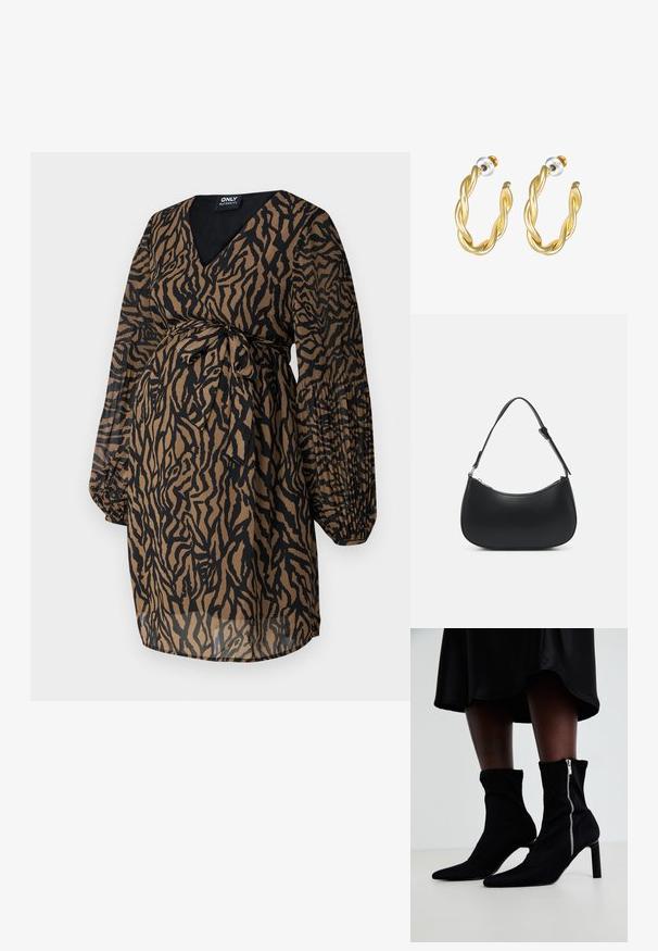 ONLY MATERNITY OLMSTAR DRESS - Denné šaty - dark brown; Čierne členkové čižmy so strečovým textilným telom, špicatou špičkou a bočným zipsom, s tenkým vysokým podpätkom.; Pieces PCALUANA SHOULDER BAG - Kabelka - black; Zlaté skrútené náušnice s hladkým povrchom, ktoré majú priehľadný podklad a zlatý hardware.