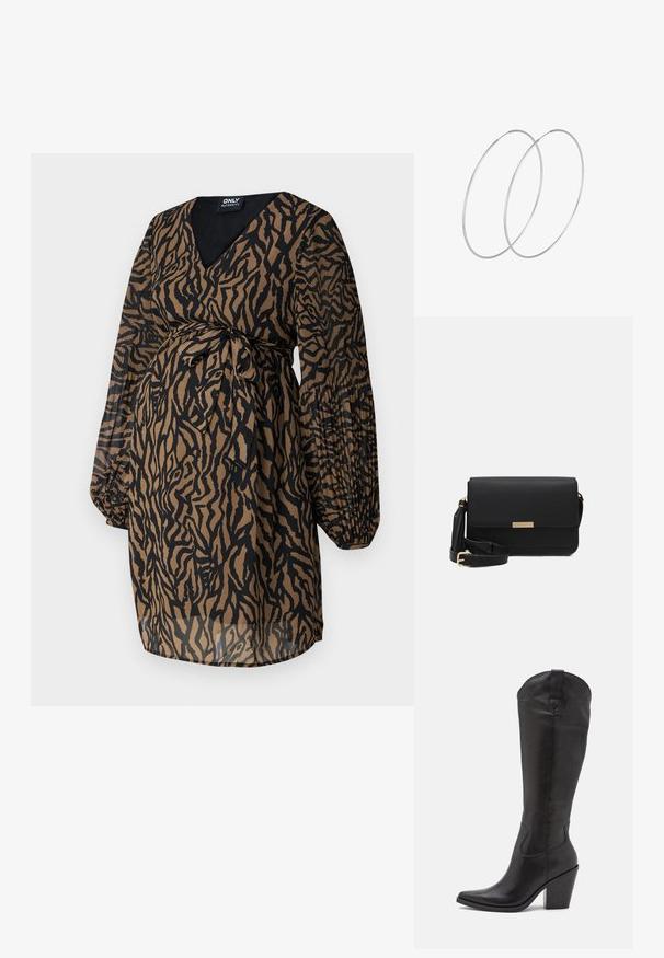 ONLY MATERNITY OLMSTAR - Hverdagskjole - dark brown; Sorte knælange støvler lavet af glat læder, med spids tå, stablet hæl og diskrete syninger langs siden.; Sorte læder crossbody taske med flaplukning, guldfarvede Hardware, justerbar rem og tekstureret overflade. Kompakt rektangulær form.; Sølvøreringe med et minimalistisk design. Cirkulær form, glat tekstur og tynd profil. Letvægtige med en poleret overflade.