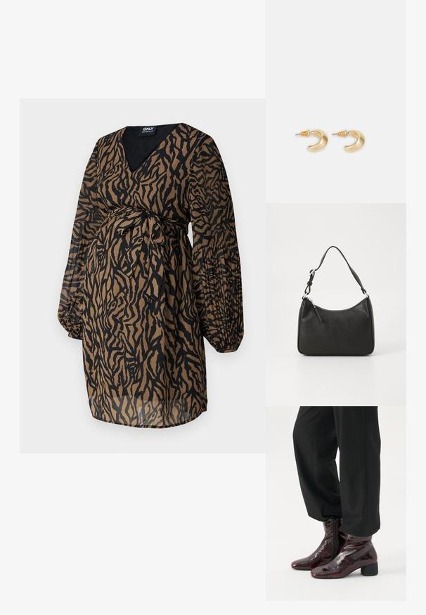 ONLY MATERNITY OLMSTAR DRESS - Hverdagskjole - dark brown; Skinnende mørkerøde ankelstøvler med sidelommer, båret med løstsiddende sorte bukser mod en ensfarvet baggrund.; Sort læderhåndtaske med en buet form, en enkelt rem, lynlås lukning og diskret branding på forsiden. Glat tekstur, minimalistisk design.; Guld halvmåneformede øreringe med en glat overflade, der har orange accenter nær stiften og sølv hardware.
