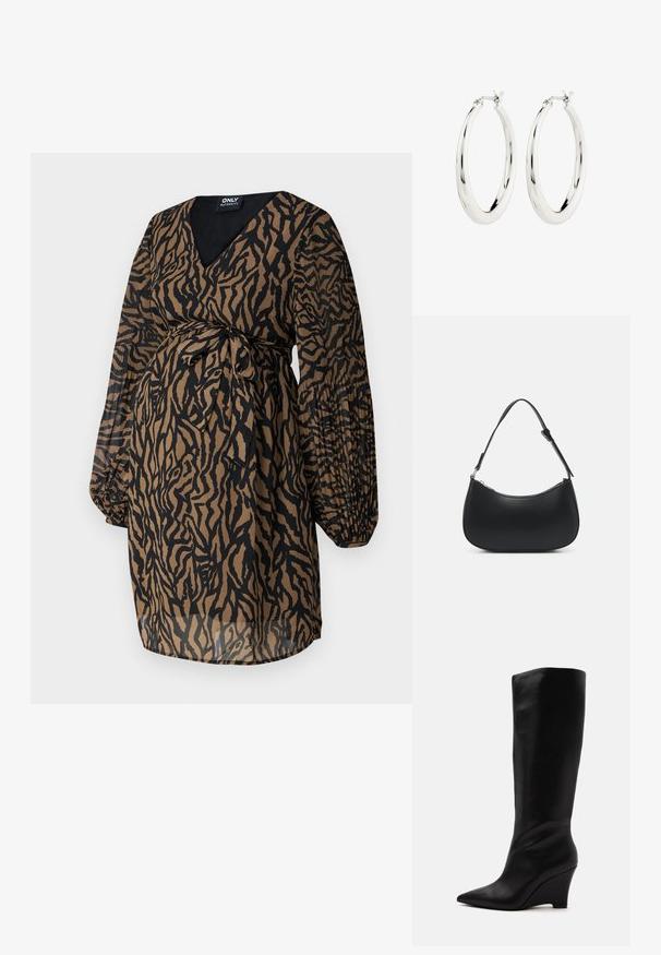 ONLY MATERNITY OLMSTAR - Robe de jour - dark brown; Botte en cuir noire montant au genou avec bout pointu et talon compensé, vue de côté sur un fond clair uni.; Pieces PCALUANA SHOULDER BAG - Sac à main - black; Boucles d'oreilles créoles en argent avec une finition lisse et brillante. Forme circulaire, dotée d'un fermoir sécurisé. Design simple et élégant.