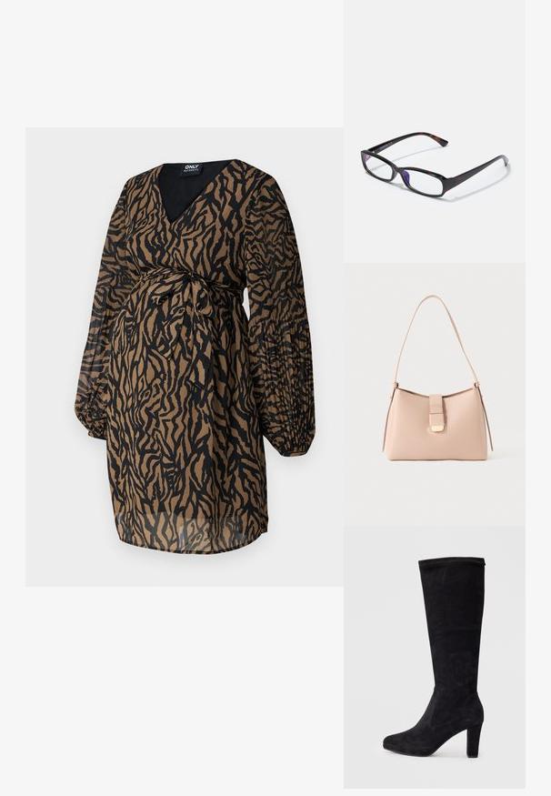 ONLY MATERNITY OLMSTAR DRESS - Denné šaty - dark brown; Čierne členkové topánky z velúru, s elegantným tvarom a širokým podpätkom. Hladká textura s minimalistickým dizajnom a bez viditeľného hardvéru.; Obdĺžnikové okuliare s korytnačkovým vzorom, čierny plastový rám a priehľadné šošovky. Vlastnosti tenkých spôn a mierny ohyb na koncoch.; Svetloružová kabelka s oblým tvarom, vyrobená z textúrovaného materiálu. Má plochý remienok a zlatý zapínací detail na prednej strane.