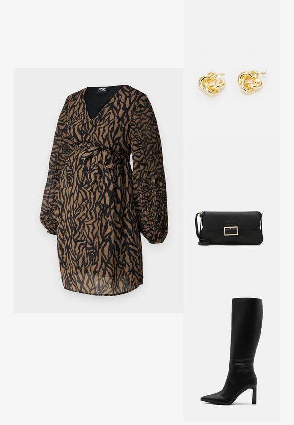 ONLY MATERNITY OLMSTAR - Hverdagskjole - dark brown; Even&Odd by Zalando Høje støvler/ Støvler - black; Sort læder clutchtaske med klap og detaljer i guldmetallisk spænde. Inkluderer en sort rem og et slankt, minimalistisk design.; Guldtonede metal hoop øreringe med et snoet design. Overfladen er blank med en glat tekstur og afrundede kanter, designet til studs fastgørelse.