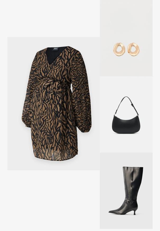 ONLY MATERNITY OLMSTAR - Denné šaty - dark brown; Čierna kožená čižma po kolená so špicatou špičkou a nízkym podpätkom typu kitten, zobrazená na jednoduchom svetlom pozadí.; Pieces PCALUANA SHOULDER BAG - Kabelka - black; Pár náramkových náušníc nepravidelného tvaru z brúseného kovu s pozláteným tónom a otvoreným stredom na bielom pozadí.