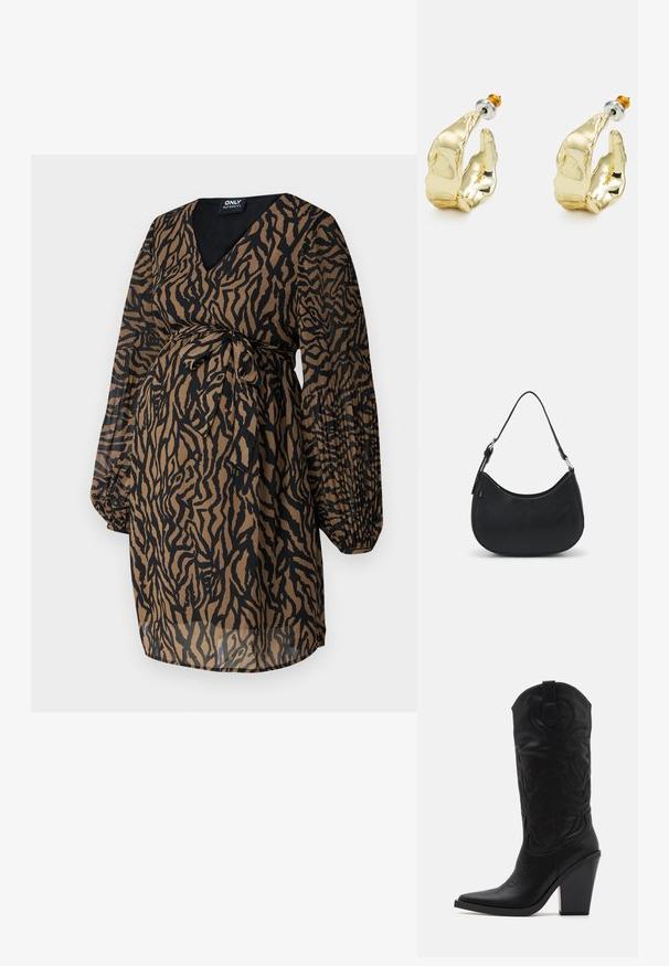 ONLY MATERNITY OLMSTAR - Hverdagskjole - dark brown; Simmi London DANIQUE - Højhælede støvler - black; Sort hobo taske lavet af glat læder med en buet silhuet, der har en enkelt justerbar skulderrem og minimalistiske designdetaljer.; Guldtonede øreringe formet som abstrakte hænder, med en skinnende overflade, intrikate detaljer og en sølv- og guldfarvet post til sikker fastgørelse.