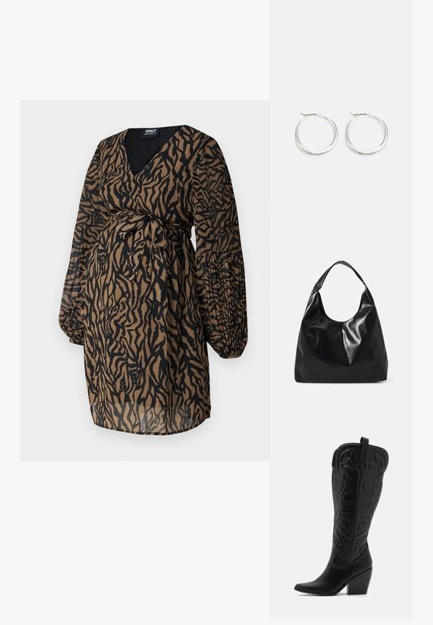 ONLY MATERNITY OLMSTAR DRESS - Denné šaty - dark brown; Čierne kožené čižmy po kolená so špicatou špičkou a vrstveným podpätkom. Majú dekoratívne prešívanie a zakrivené dizajnové prvky.; Čierna kožená hobo taška s jemnou, lesklou textúrou a zaobleným, otvoreným vrchom. Obsahuje široký, zakrivený popruh na nosenie. Žiadne viditeľné kovanie.; Strieborné kruhové náušnice majú hladký, zaoblený dizajn s tenkým profilom a bezpečným zapínaním. Minimalistický štýl s lešteným povrchom.