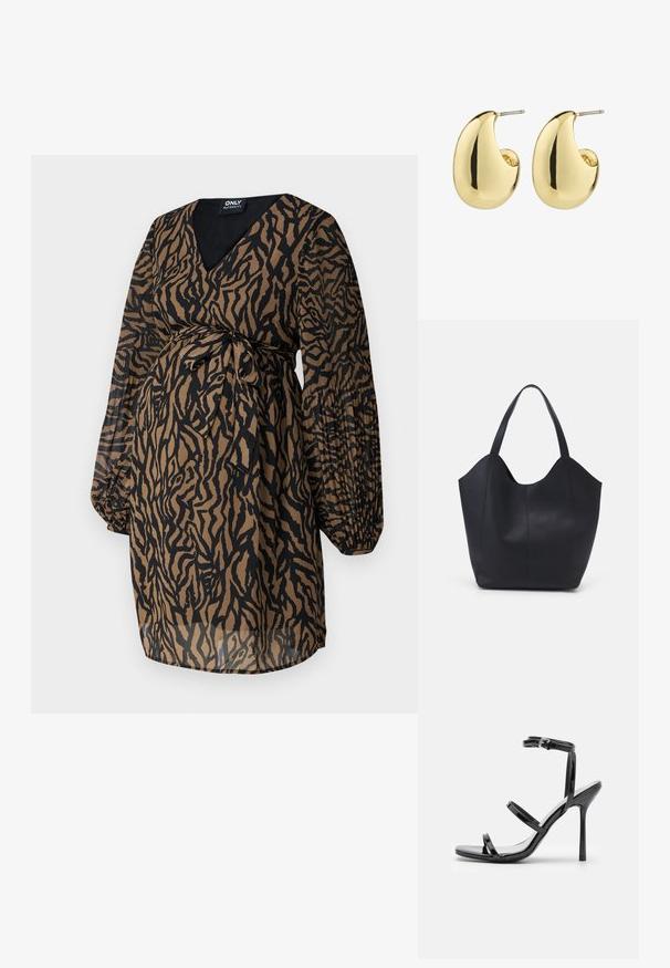 ONLY MATERNITY OLMSTAR DRESS - Hverdagskjole - dark brown; Sorte patentlæder højhælede sandaler med tre horisontale stropper og en justerbar ankelstrop. Elegant silhuet og skinnende finish.; Sort tote taske lavet af glat læder, med en buet, åben top, to skulderstropper og et minimalistisk design.; Guldtonede studøreringe med en glat, poleret overflade i en abstrakt, tårnform. Simple metalpind til fastgørelse.