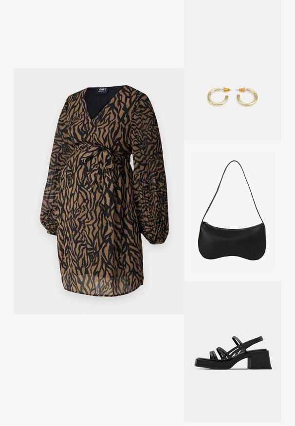 ONLY MATERNITY OLMSTAR DRESS - Denné šaty - dark brown; Čierne sandále na vysokom podpätku s viacerými tenkými popruhmi a širokým blokovým podpätkom. Elegantný dizajn s matným povrchom. Chodidlová časť má mierny ohyb.; Čierna kožená kabelka na rameno s zakriveným tvarom, zapínaním na zips a jedným tenkým remienkom; hladká textúra a jemný vyrazený detail loga.; Zlaté kruhové náušnice s hladkým, zaobleným tvarom a lesklým povrchom. Majú oranžové akcenty na zadnej strane pre bezpečné zapínanie.