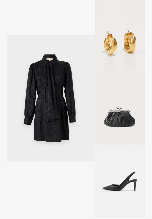 Schwarzes Shirtkleid mit Kragen, langen Ärmeln, Taillengürtel und strukturierter Stoff mit subtilen Mustern. Glatte Oberfläche, taillierte Form.; Schwarze Leder Slingback High Heels mit einem spitzen Zehendesign, das an der Vorderseite ein Ausschnitt hat und einen dünnen Stilettoblock. ; Schwarze Leder-Clutch mit geraffter Textur, silberfarbener Metallrahmen, Druckverschluss und Kettenriemen. Glatte, weiche Oberfläche.; Fette goldene Creolen mit einem leicht verdrehten, röhrenförmigen Design und Steckverschlüssen auf einem weißen Hintergrund.
