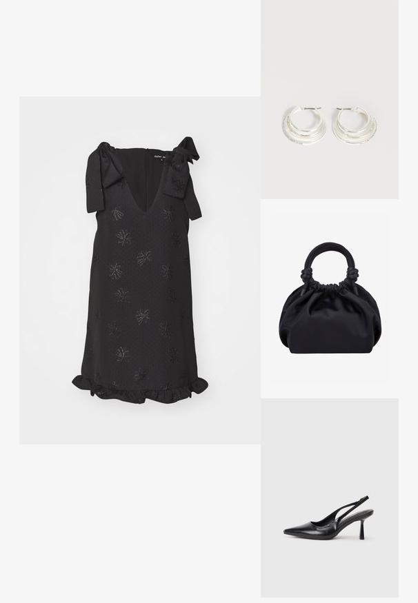 Vestido negro sin mangas con escote en V, detalles de lazo en los hombros, patrón floral en relieve y dobladillo con volantes. La tela texturizada añade profundidad.; Zapato de tacón alto negro de cuero con puntera afilada y tacón delgado sobre un fondo blanco.; Bolso de mano de tela negra suave con parte superior fruncida y asas acolchadas circulares atadas con nudos a cada lado.; Pendientes de aro de plata con tres bandas semicirculares superpuestas, una adornada con pequeños cristales transparentes sobre un fondo claro.